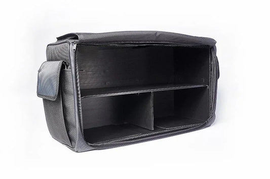 Black RC pit bag with open compartments and side pocket on white background