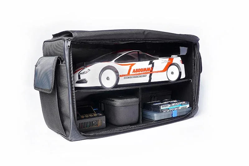 RC car storage bag with compartments for tools, accessories, and a model race car