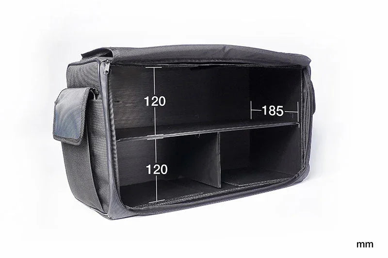 Black RC pit bag with adjustable dividers and internal dimensions labeled in millimeters