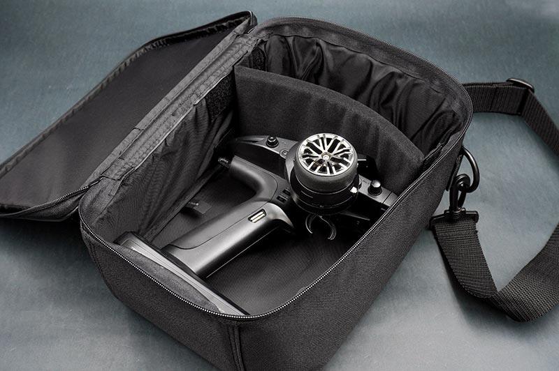 Koswork black RC transmitter bag with padded interior, carrying a radio controller, KOS32261-5.