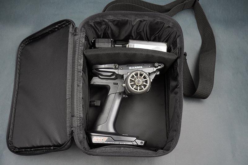 Koswork soft black RC transmitter carry bag, KOS32261-6, open with controller inside