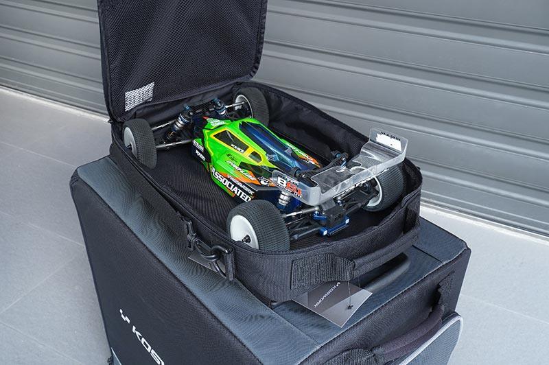 Koswork RC car pit bag KOS32267 large black nylon bag open with buggy inside