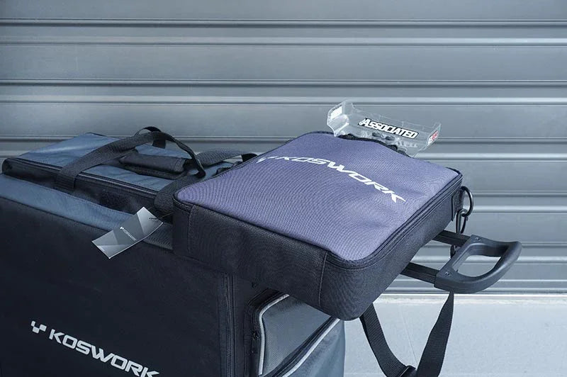 Koswork RC car accessory bags, soft-sided, black and blue, shown with pit bag and tools.