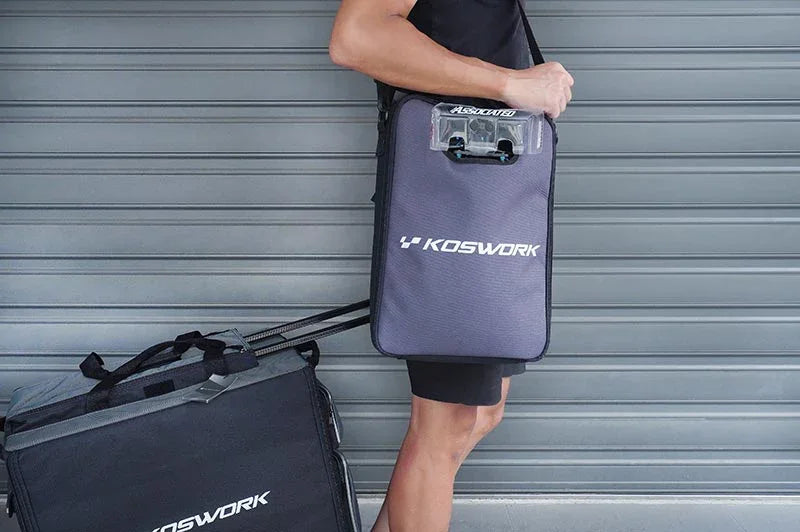 Koswork RC car pit bags, gray and black, with shoulder strap, durable fabric, KOS32267-9 visible.