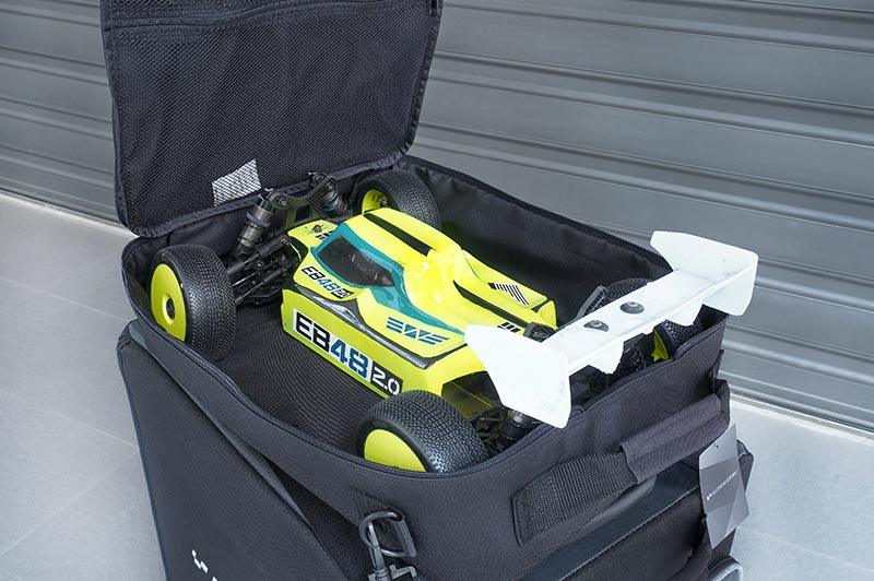 Koswork black RC car pit bag with yellow EB48 2.0 car, zippered lid, durable fabric