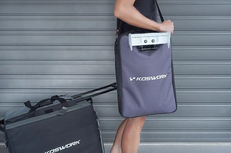 Koswork RC car accessory pit bags, soft-sided, black and gray, with handles and shoulder strap