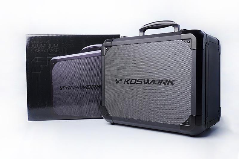 RC aluminum carry case with handle and textured surface, Koswork logo visible, against white background