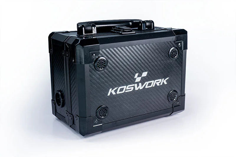 Black Koswork RC pit box with handle and carbon fiber finish for tools and accessories