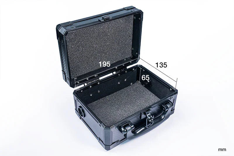 Black RC tool storage case with foam interior, open lid, and visible dimensions in mm
