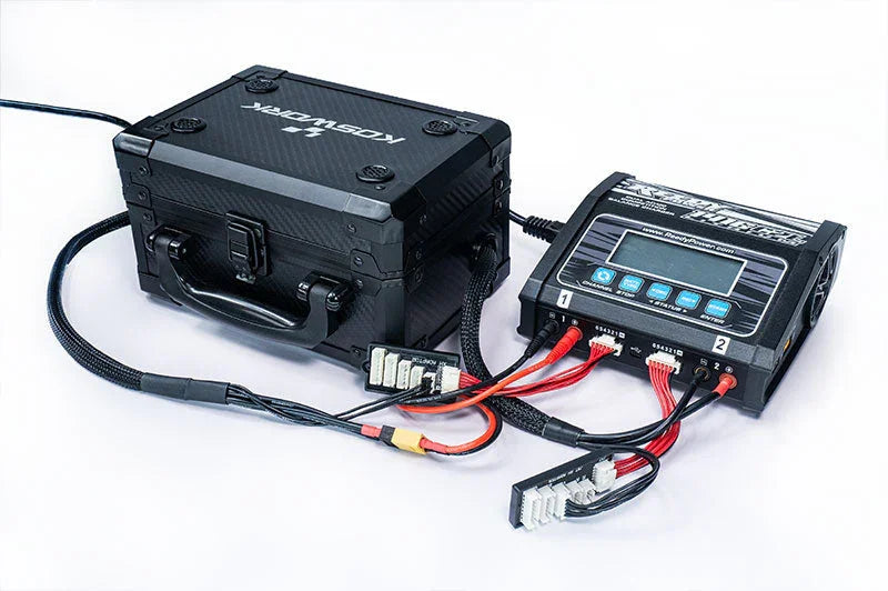 RC battery charging case connected to dual port battery charger with cables