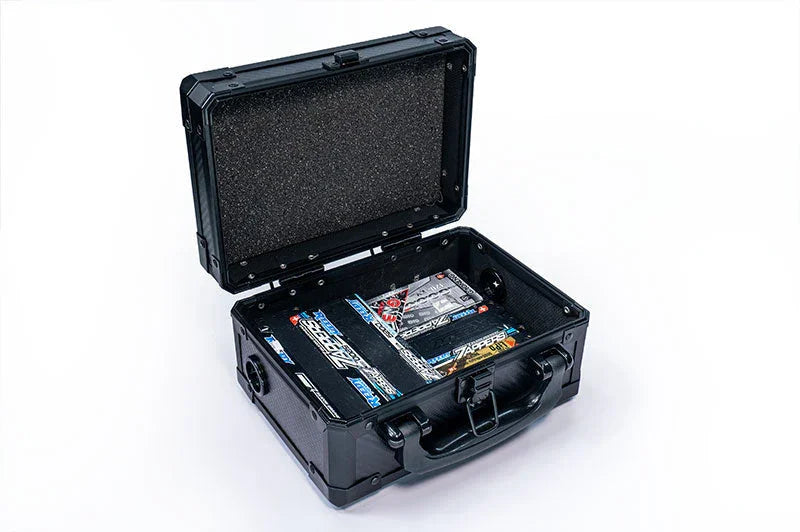RC battery case with foam lining and multiple RC car batteries inside, open on white background