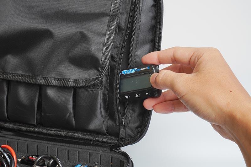 Koswork RC car accessory storage bag with zippered pocket and compact tool, black nylon