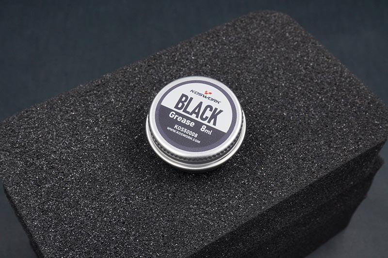 Koswork KOS50008 RC black grease 8ml metal tin on black foam, RC car accessory